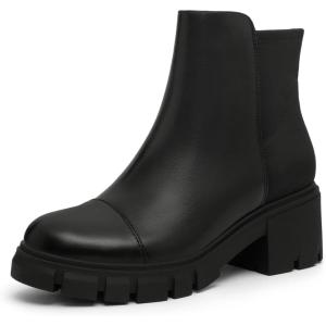 imageAthlefit Womens Chunky Heel Ankle Boots Platform Lug Sole Elastic Chelsea Short Booties WIth Side ZipperBlack Pu