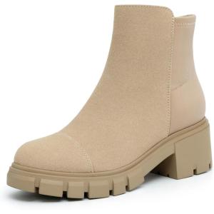 imageAthlefit Womens Chunky Heel Ankle Boots Platform Lug Sole Elastic Chelsea Short Booties WIth Side ZipperNude