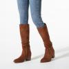 imageAthlefit Womens Knee High Chunky Heel Boots Faux Suede Pointed Toe Side Zipper BootsBrown