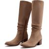 imageAthlefit Womens Knee High Chunky Heel Boots Faux Suede Pointed Toe Side Zipper BootsCamel