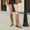 imageAthlefit Womens Knee High Chunky Heel Boots Faux Suede Pointed Toe Side Zipper BootsCamel
