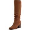 imageAthlefit Womens Knee High Chunky Heel Boots Faux Suede Pointed Toe Side Zipper BootsBrown