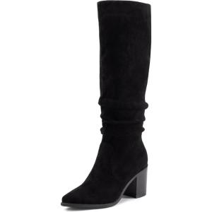 imageAthlefit Womens Knee High Chunky Heel Boots Faux Suede Pointed Toe Side Zipper BootsBlack
