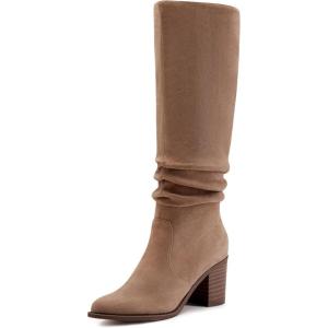 imageAthlefit Womens Knee High Chunky Heel Boots Faux Suede Pointed Toe Side Zipper BootsCamel