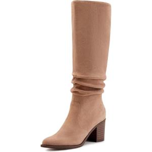 imageAthlefit Womens Knee High Chunky Heel Boots Faux Suede Pointed Toe Side Zipper BootsKhaki