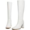 imageAthlefit Womens Knee High Boots Fashion Chunky Heel Square Toe Tall Boots Side Zipper Long BootsWhite