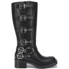 imageAthlefit Womens Knee High Riding Boots Fashion Buckle Square Toe Chunky Heel Wide Calf Biker BootsBlack