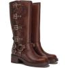 imageAthlefit Womens Knee High Riding Boots Fashion Buckle Square Toe Chunky Heel Wide Calf Biker BootsBrown