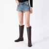 imageAthlefit Womens Knee High Riding Boots Round Toe Low Heel Tall Boots Pull On Long Booties with BuckleBrown