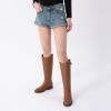 imageAthlefit Womens Knee High Riding Boots Round Toe Low Heel Tall Boots Pull On Long Booties with BuckleLight Brown