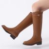 imageAthlefit Womens Knee High Riding Boots Round Toe Low Heel Tall Boots Pull On Long Booties with BuckleLight Brown