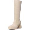 imageAthlefit Black Knee High Boots for Women Platform Tall Boots Fashion Square Toe Chunky Heeled BootiesBeige Suede
