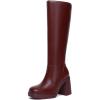 imageAthlefit Black Knee High Boots for Women Platform Tall Boots Fashion Square Toe Chunky Heeled BootiesRed