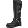 imageAthlefit Womens Knee High Riding Boots Fashion Buckle Square Toe Chunky Heel Wide Calf Biker BootsBlack