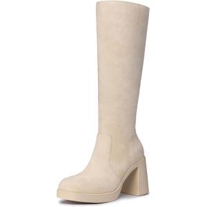 imageAthlefit Black Knee High Boots for Women Platform Tall Boots Fashion Square Toe Chunky Heeled BootiesBeige Suede
