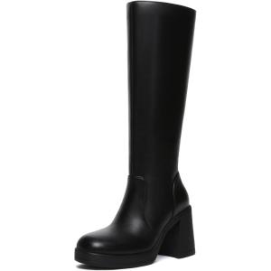 imageAthlefit Black Knee High Boots for Women Platform Tall Boots Fashion Square Toe Chunky Heeled BootiesBlack
