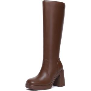 imageAthlefit Black Knee High Boots for Women Platform Tall Boots Fashion Square Toe Chunky Heeled BootiesBrown