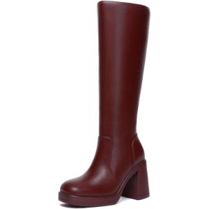 imageAthlefit Black Knee High Boots for Women Platform Tall Boots Fashion Square Toe Chunky Heeled BootiesRed