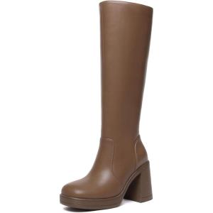 imageAthlefit Black Knee High Boots for Women Platform Tall Boots Fashion Square Toe Chunky Heeled BootiesTan