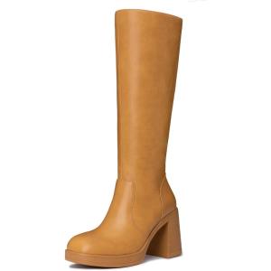 imageAthlefit Black Knee High Boots for Women Platform Tall Boots Fashion Square Toe Chunky Heeled BootiesYellow