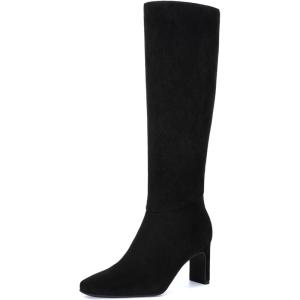 imageAthlefit Knee High Boots for Women Square Toe Chunky Heeled Tall Boots with Side ZipperBlack Suede