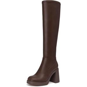 imageAthlefit Knee High Boots for Women Square Toe Platform Chunky Heel Stretchy Tall Boots with Side ZipperBrown