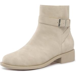 imageAthlefit Womens Ankle Boots Chunky Low Heel Fashion Round Toe Side Zipper Buckle BootiesNude