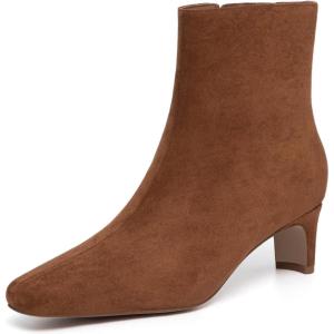 imageAthlefit Womens Ankle Boots Comfortable Low Heel Pointed Square Toe Dress Short Boots with Side ZipperBrown Suede