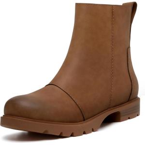 imageAthlefit Womens Ankle Boots Comfortable Lug Sole Chunky Low Heel Zipper Short BootiesBrown