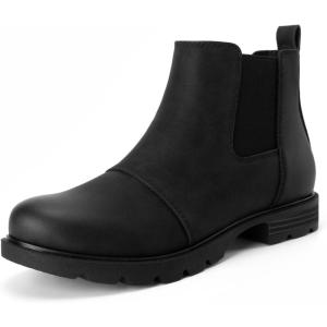 imageAthlefit Womens Chelsea Boots Low Heel Slip On Lug Sole Elastic Short Ankle BootiesBlack