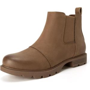 imageAthlefit Womens Chelsea Boots Low Heel Slip On Lug Sole Elastic Short Ankle BootiesBrown