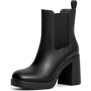imageAthlefit Womens Chelsea Platform Boots High Chunky Heel Square Toe Boots Fashion Slip On Elastic Heeled Ankle BootiesBlack