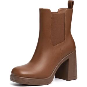 imageAthlefit Womens Chelsea Platform Boots High Chunky Heel Square Toe Boots Fashion Slip On Elastic Heeled Ankle BootiesBrown