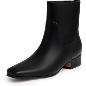 imageAthlefit Womens Chunky Low Heel Ankle Boots Fashion Square Toe Side Zipper Short BootiesBlack