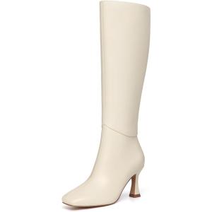 imageAthlefit Womens Kitten Heel Knee High Boots Square Toe High Heel Sexy Tall Boots with Side ZipperBeige