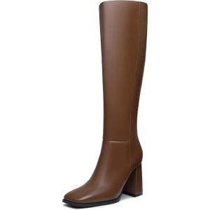 imageAthlefit Womens Knee High Boots Fashion Chunky Heel Square Toe Tall Boots Side Zipper Long BootsTan