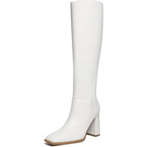 imageAthlefit Womens Knee High Boots Fashion Chunky Heel Square Toe Tall Boots Side Zipper Long BootsWhite