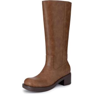 imageAthlefit Womens Knee High Boots Square Toe Chunky Block Riding Tall Boots for Women Low HeelBrown