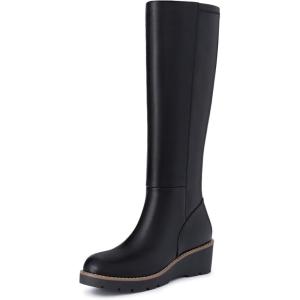 imageAthlefit Womens Knee High Boots Wedge Platform Comfortable Tall Long Boots with Side ZipperBlack
