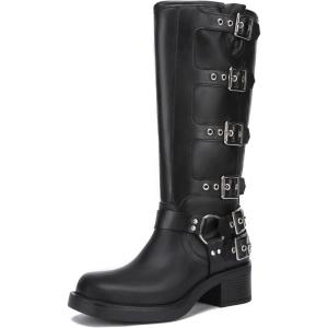 imageAthlefit Womens Knee High Riding Boots Fashion Buckle Square Toe Chunky Heel Wide Calf Biker BootsBlack