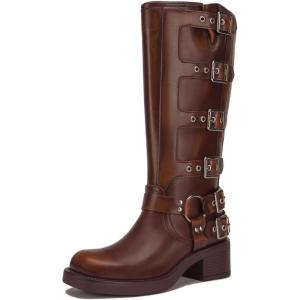 imageAthlefit Womens Knee High Riding Boots Fashion Buckle Square Toe Chunky Heel Wide Calf Biker BootsBrown