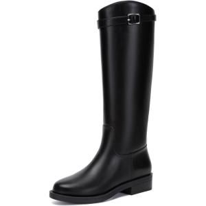 imageAthlefit Womens Knee High Riding Boots Round Toe Low Heel Tall Boots Pull On Long Booties with BuckleBlack