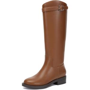 imageAthlefit Womens Knee High Riding Boots Round Toe Low Heel Tall Boots Pull On Long Booties with BuckleLight Brown