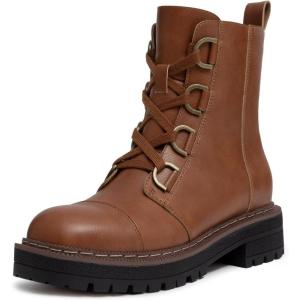 imageAthlefit Womens LaceUp Combat Boots Platform Chunky Low Heel Lug Sole Ankle BootiesBrown