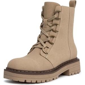 imageAthlefit Womens LaceUp Combat Boots Platform Chunky Low Heel Lug Sole Ankle BootiesTaupe