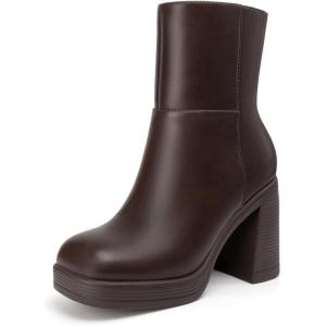 imageAthlefit Womens Platform Ankle Boots High Chunky Block Heel Square Toe Boots Fashion Dress Heeled BootiesBrown