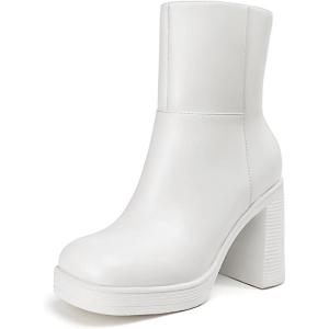 imageAthlefit Womens Platform Ankle Boots High Chunky Block Heel Square Toe Boots Fashion Dress Heeled BootiesWhite