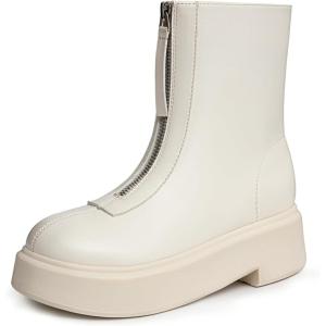 imageAthlefit Womens Platform Ankle Boots Short Comfortable Round Toe Chunky Low Heel Boots with Front ZipperBeige