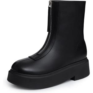 imageAthlefit Womens Platform Ankle Boots Short Comfortable Round Toe Chunky Low Heel Boots with Front ZipperBlack