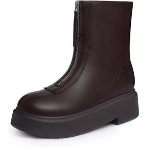 imageAthlefit Womens Platform Ankle Boots Short Comfortable Round Toe Chunky Low Heel Boots with Front ZipperBrown